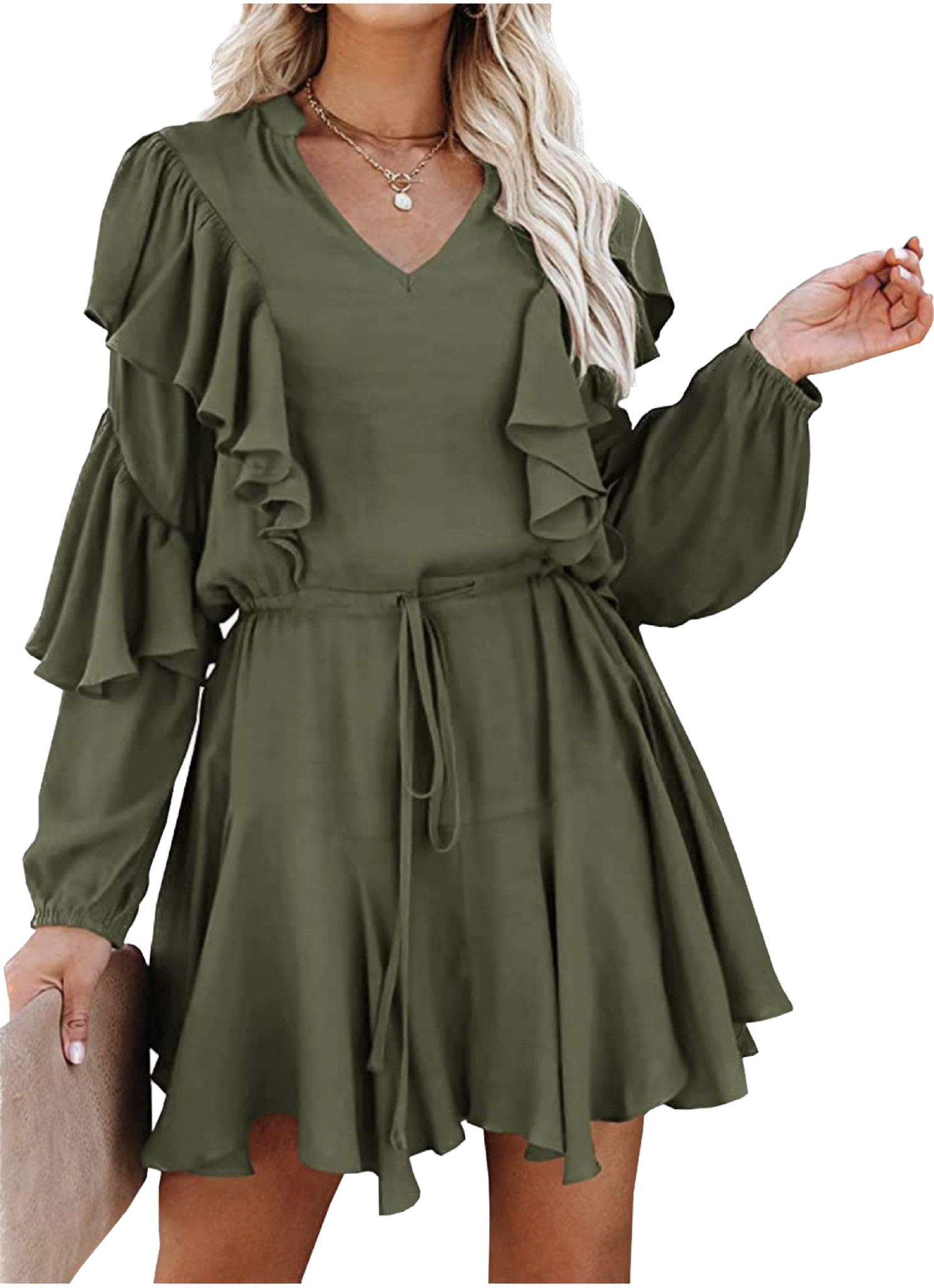 Amazon fashion // find // fall dress // ruffle mini // thanksgiving // affordable // under $50 // green 