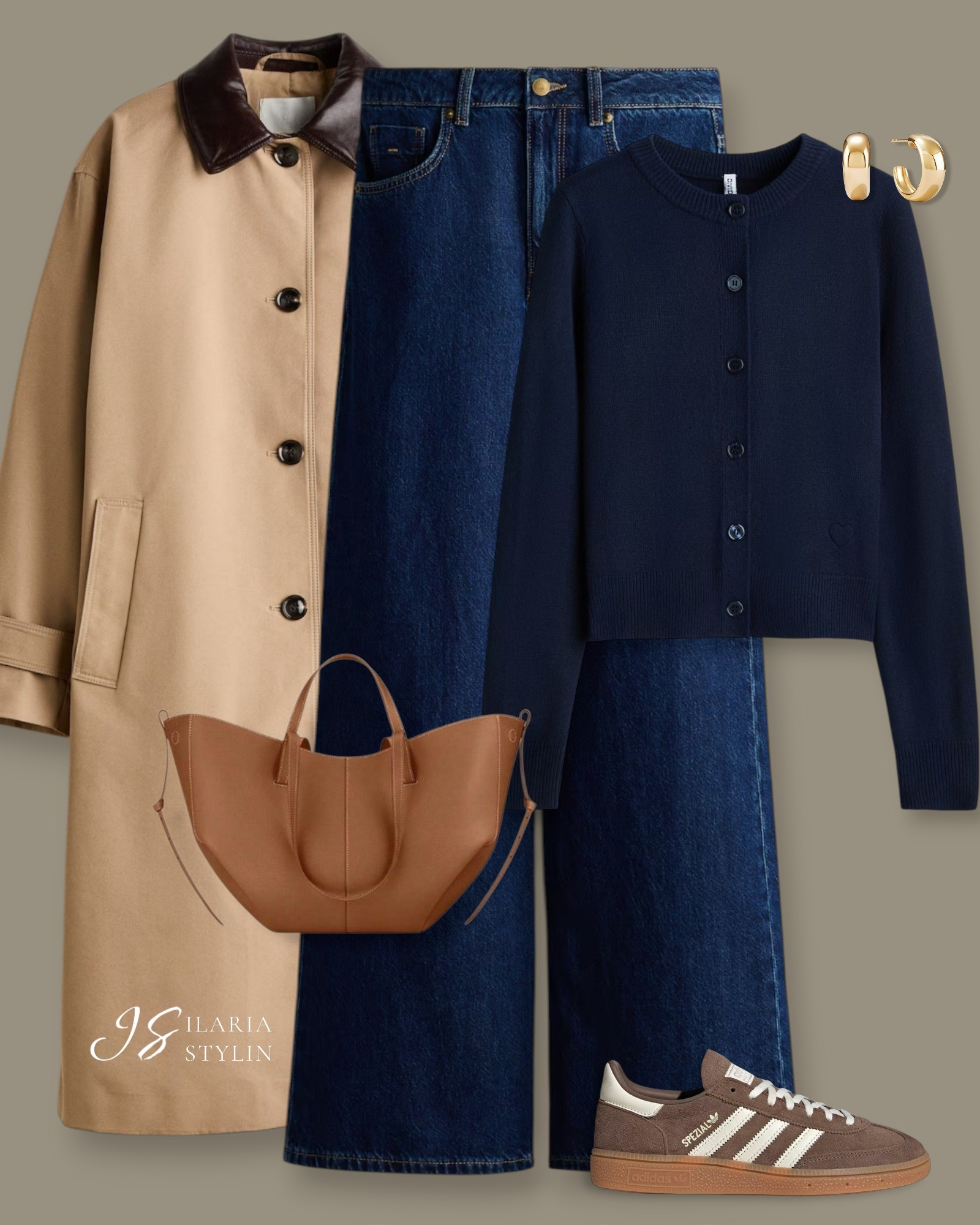 Neutral tailoring meets casual ease: a beige coat with leather collar, navy cardigan, dark-wash denim, and classic sneakers, accented with gold hoops and a sculptural camel tote 🤎💙    




outfit ideas, beige coat, twill coat, car coat, navy blue cardigan, dark blue jeans, wide leg jeans, brown sneakers, adidas spezial, camel bag, tote bag, casual outfit, casual chic outfit

#LTKootd #LTKSeasonal #LTKWorkwear