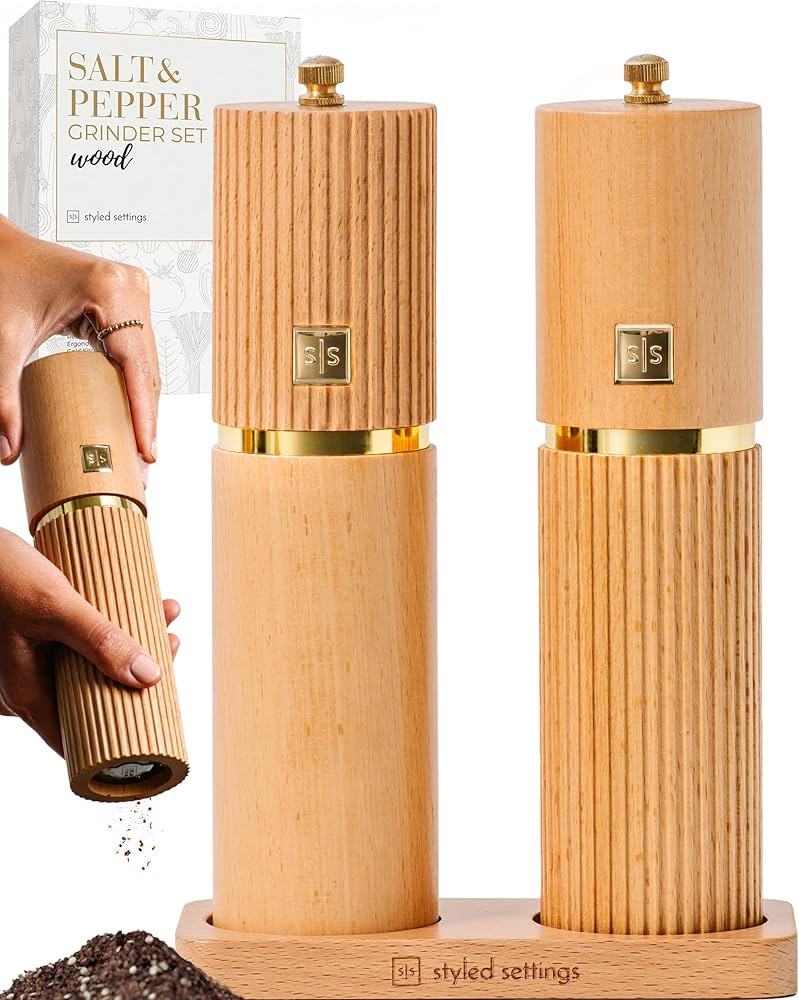 Styled Settings Wooden Salt and Pepper Grinder Set with Gold Accents – Refillable Wooden Manual... | Amazon (US)