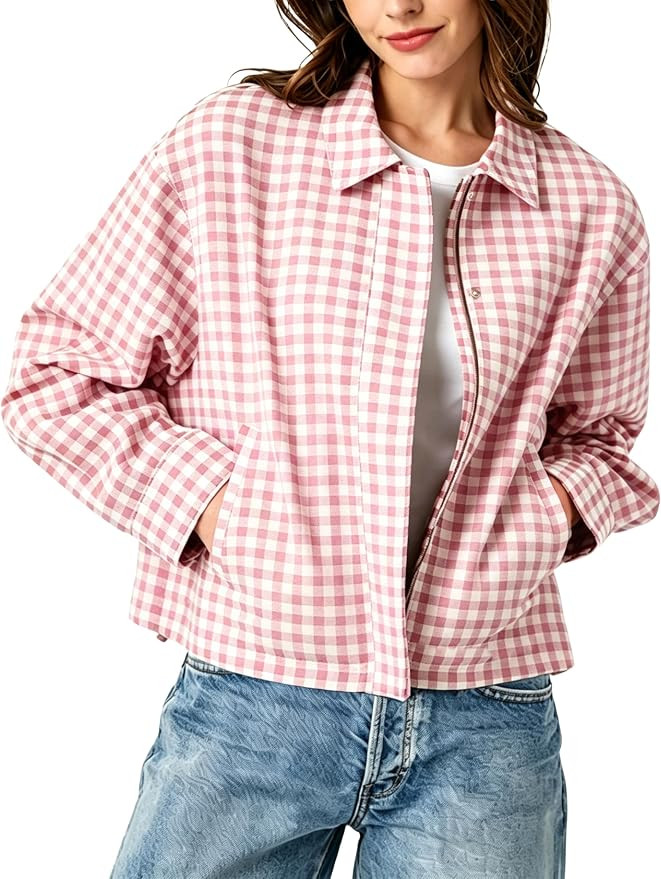 Women's Gingham Cropped Jacket Collared Zip Up Coat | Long Sleeve Outerwear with Side Pockets, Ad... | Amazon (US)