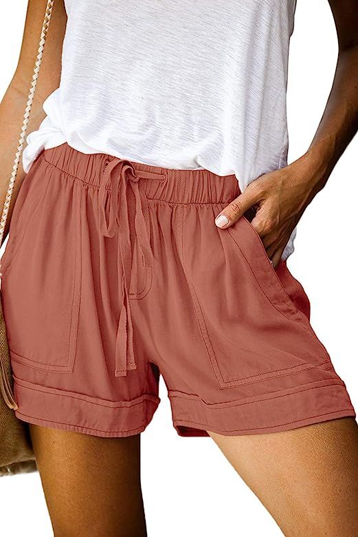 BTFBM Women Casual Shorts Plain Solid Color Elastic Waist Drawstring Pockets Summer Beach Lightwe... | Amazon (US)