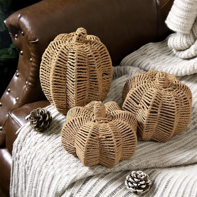 Geelin 3 Pcs Neutral Fall Decor Weave Rattan Pumpkins 3 Sizes Faux Woven Pumpkin Centerpiece Hand... | Amazon (US)