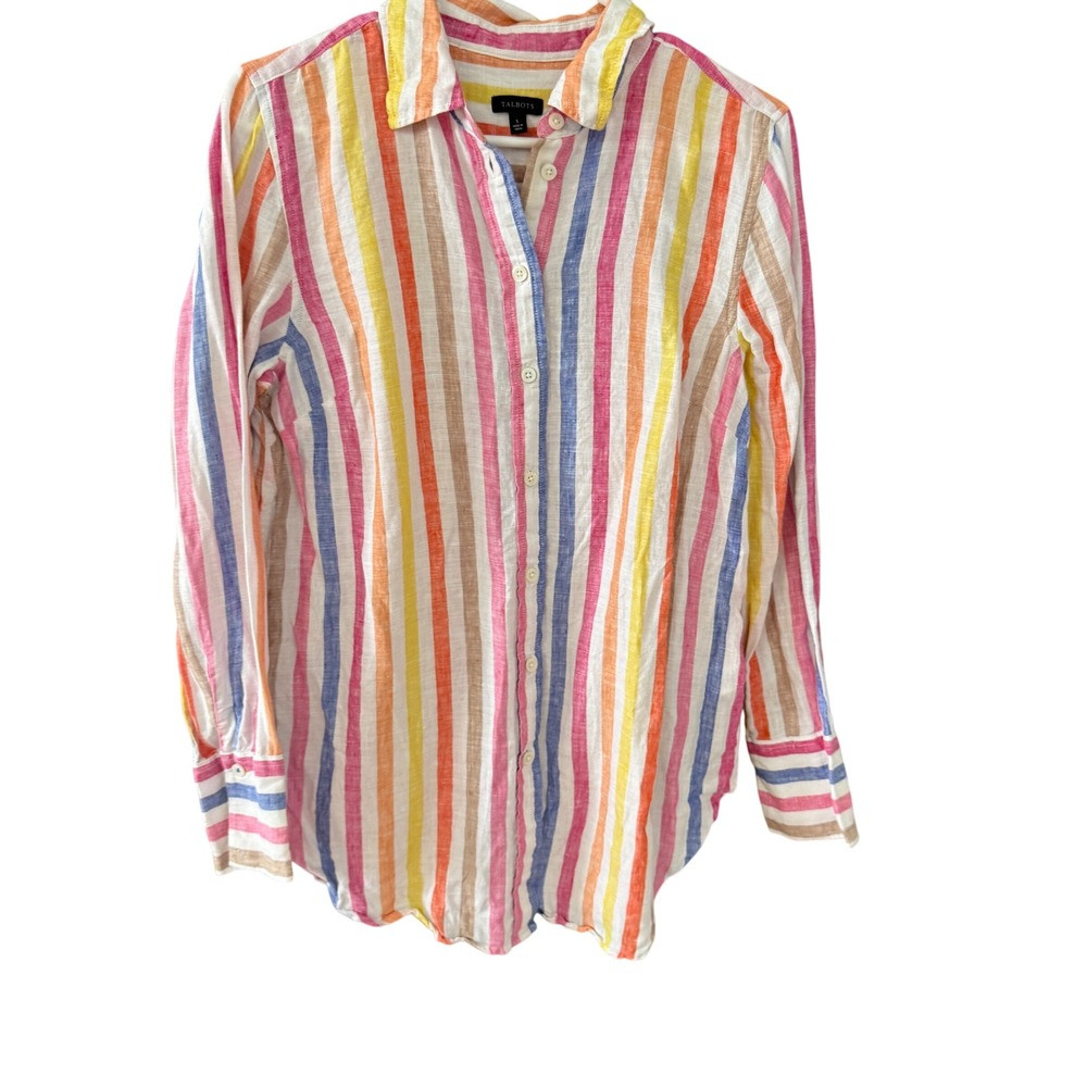 Talbots Womens\u200e Small 100% Linen Multi Color Rainbow Striped Button Down Shirt | Poshmark