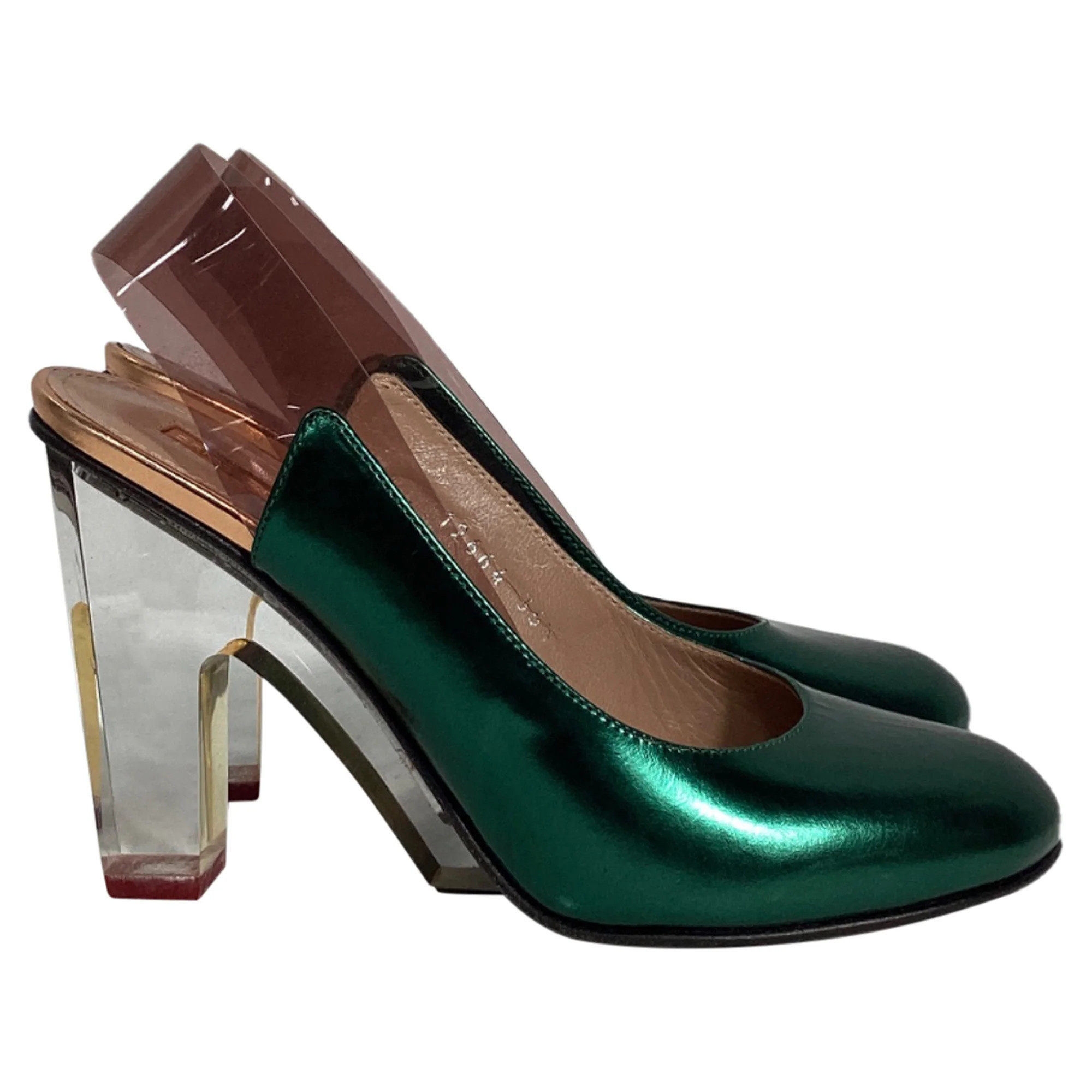 Dries Van Noten Metallic Clear Heel Pumps in Green Leather | Shop Simon
