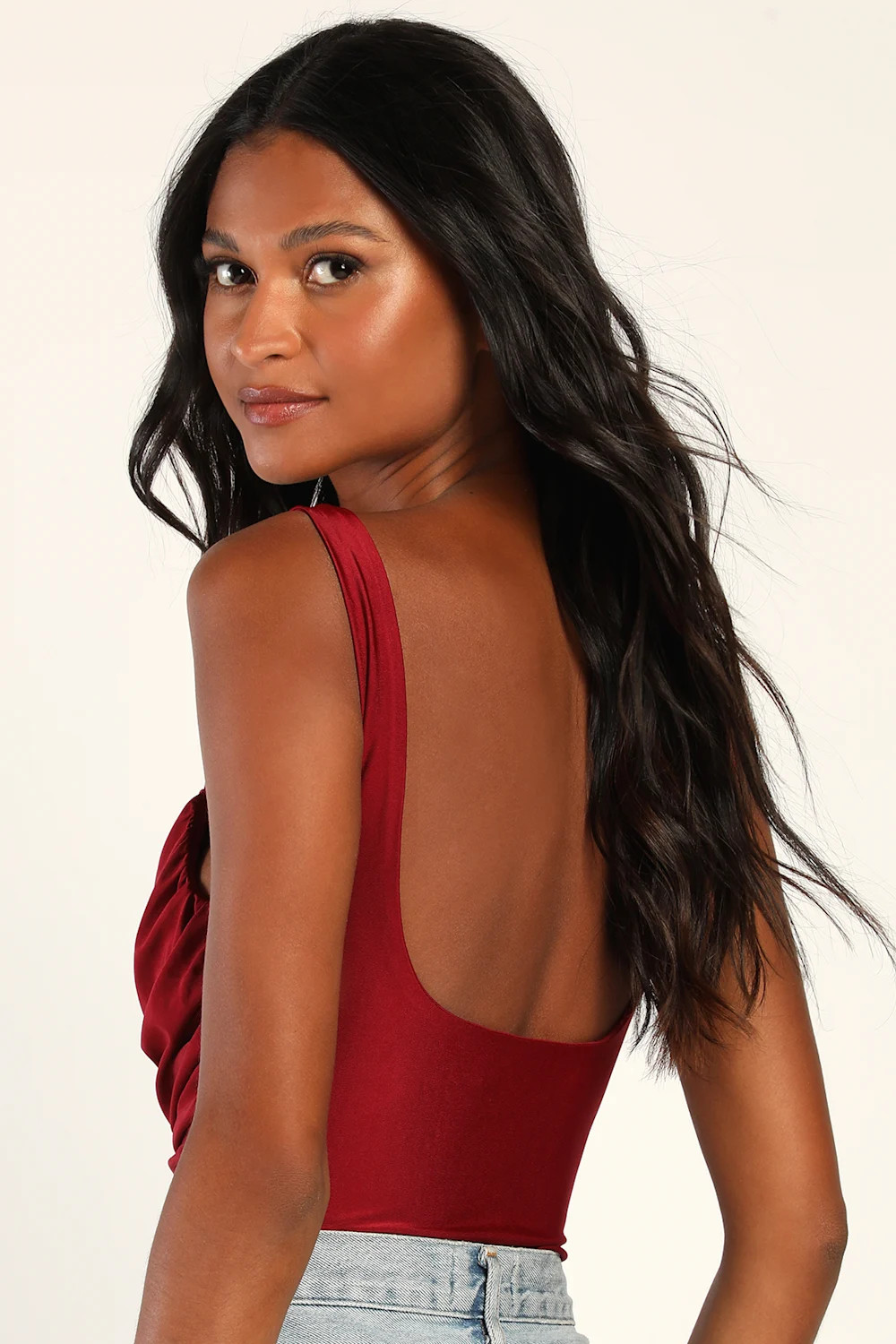 First Date Darling Burgundy Ruched Sleeveless Bodysuit | Lulus (US)