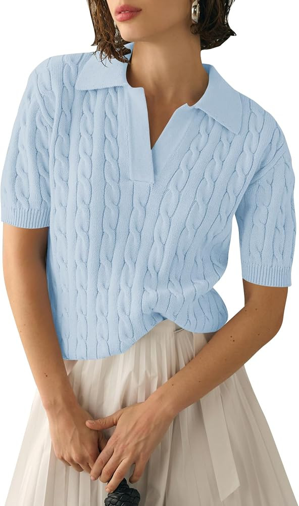 Micoson Womens Short Sleeve Sweater Tops Lapel V Neck Polo Shirts 2026 Summer Cable Knit Loose Bl... | Amazon (US)