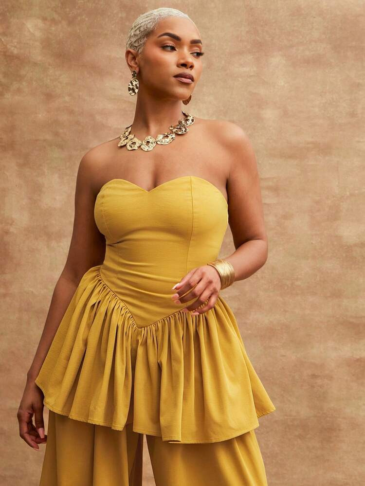 Twill Sweetheart Neck Drop Waist Ruffle Peplum Hem Strapless Top | SHEIN