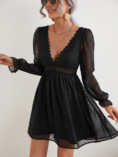 SHEIN Swiss Dot Guipure Lace Trim A-line Dress | SHEIN