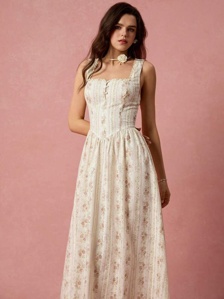 Enchnt Spring/Summer Romantic Women's Apricot Little Rose Print Square Neck Ruched Cross-Tie Back Sleeveless Princess Long Dress,Sweet&Elegant For Vacation&Date&Holiday&Party&Graduation&Wedding Guest&Beach&Boho Chic,Prom Dress,Summer Dresses For Women,Sun Dresses For Women,Summer Clothes,Vestidos Elegantes De Mujer,Vestidos Elegantes Para Fiesta | SHEIN