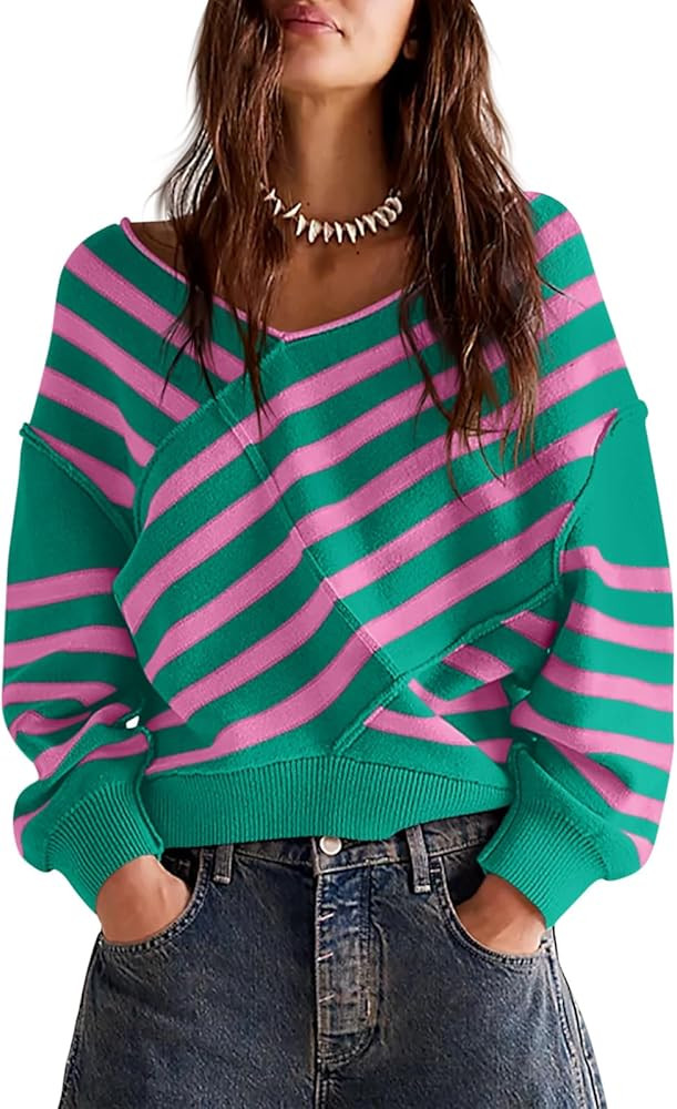 Saodimallsu Womens Striped Sweaters V Neck Color Block Long Sleeve Knit Side Slit Loose Fall Pull... | Amazon (US)