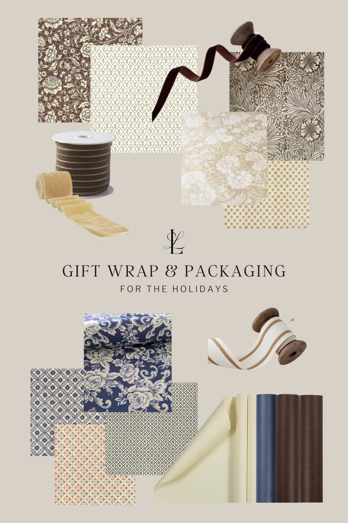 Christmas Gift Wrap & Packaging, Italian Wrapping Paper, Matte Ivory, Brown, & Navy Wrapping Paper, Velvet Ribbons 

#LTKSeasonal #LTKHoliday