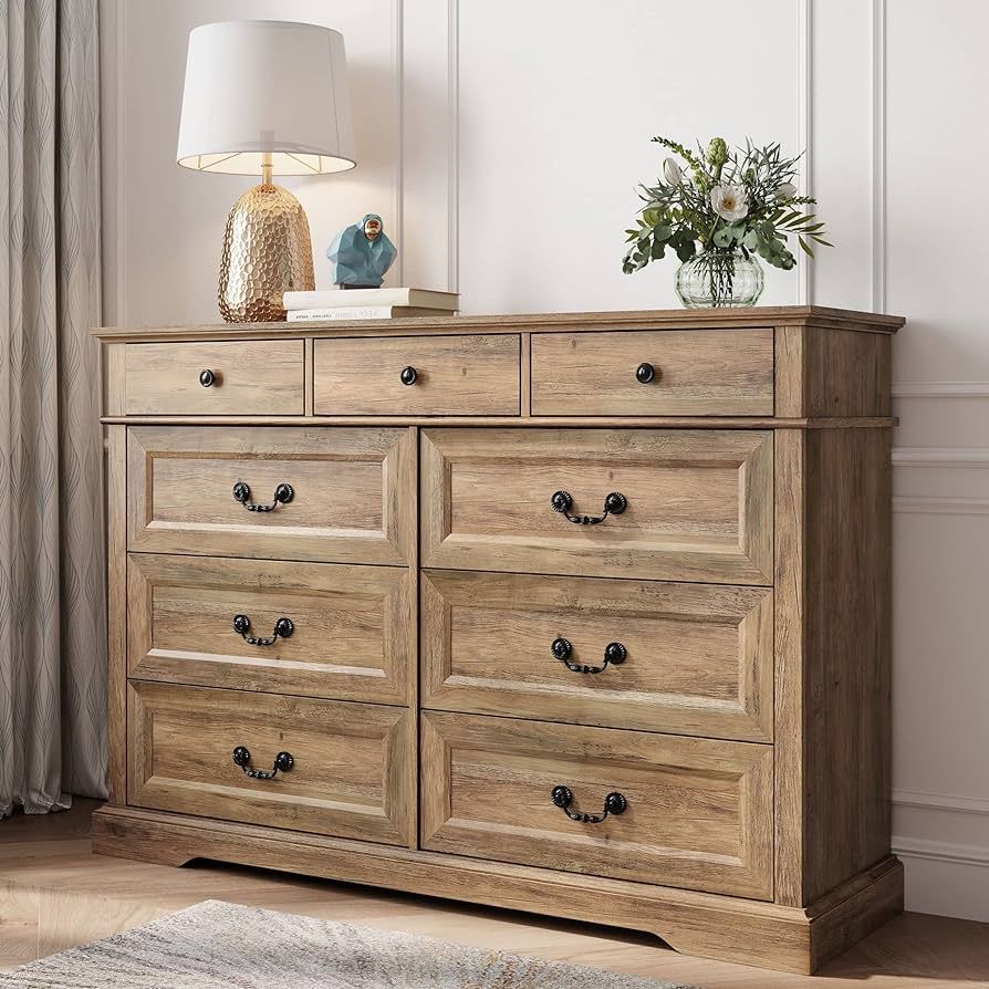 LINSY HOME Dresser for Bedroom, 9 Drawer Long Dresser with Antique Handles, Wood Chest of Drawers... | Amazon (US)