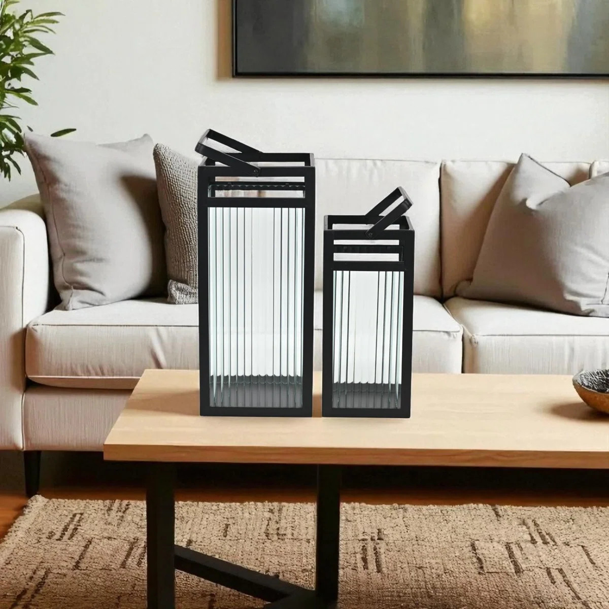 Drusilla Set Of 2 Indoor Fluted Glass Lanterns - 16" And 12.25" | Wayfair North America