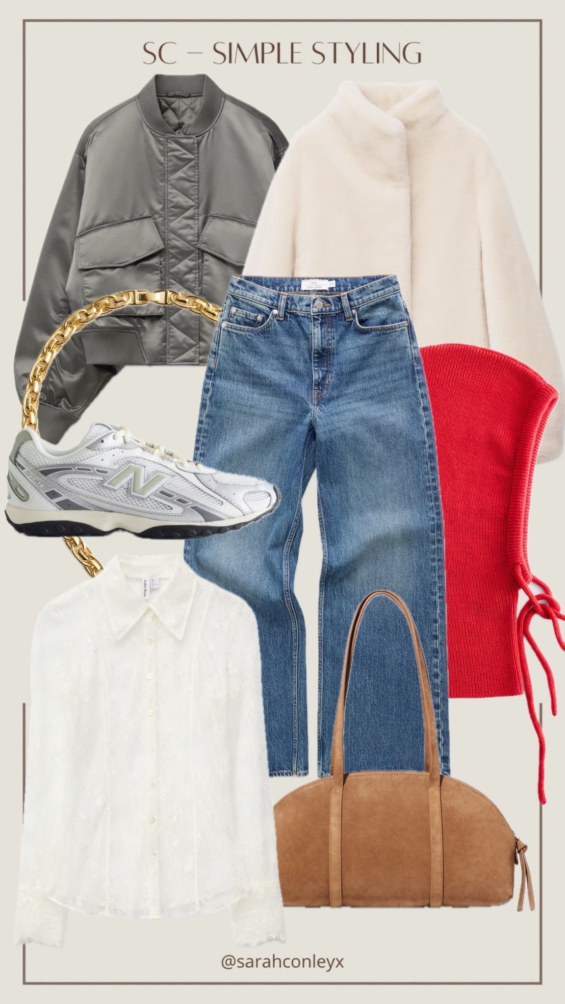 & other stories - new in 
Autumn fashion
Winter fashion 
Wide leg jeans
Grey bomber jacket
New balance 240L 
Red knitted snood
Tan suede handbag
Cream lace shirt 
Going out tops
Faux fur jacket 
Chunky gold necklace 


#LTKstyletip #LTKfestive #LTKwinter