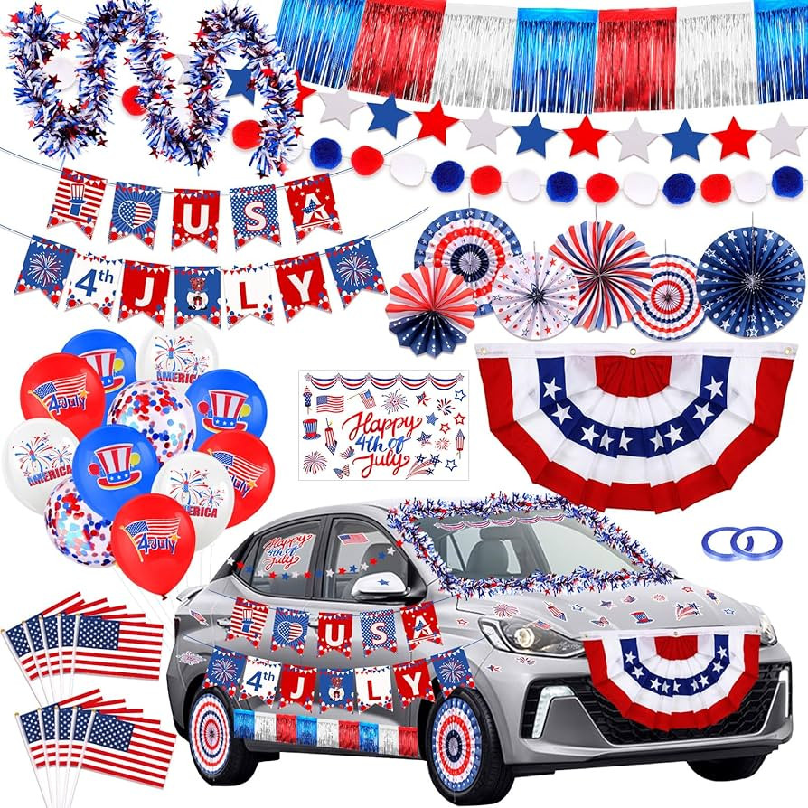 HOWAF 4th of July Parade Car Decoration Kit, Red White Blue Independence Day Party Bicycle Decora... | Amazon (US)