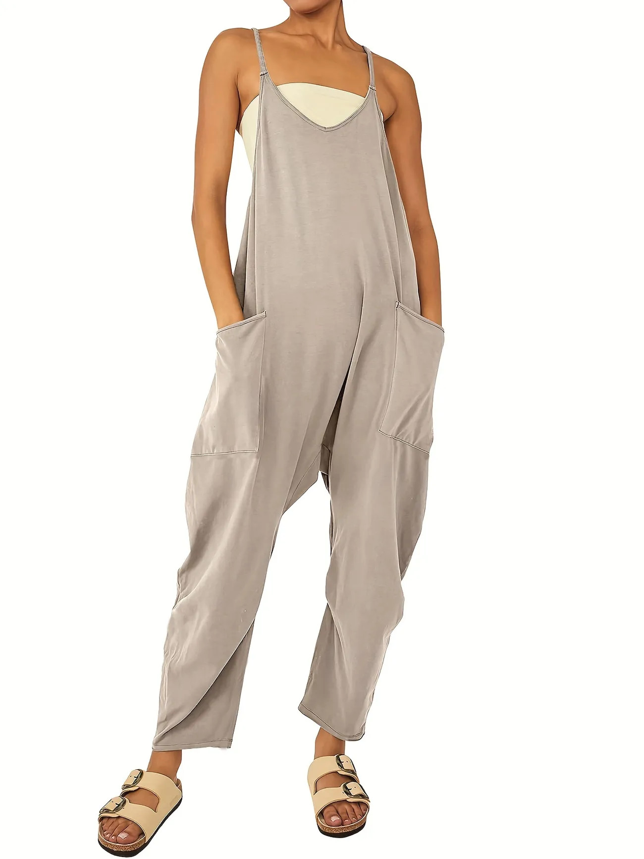 Spaghetti Long Length Pocket Jumpsuit, Casual Sleeveless Loose Zip Back Jumpsuit, Women's Clothin... | Temu Affiliate Program