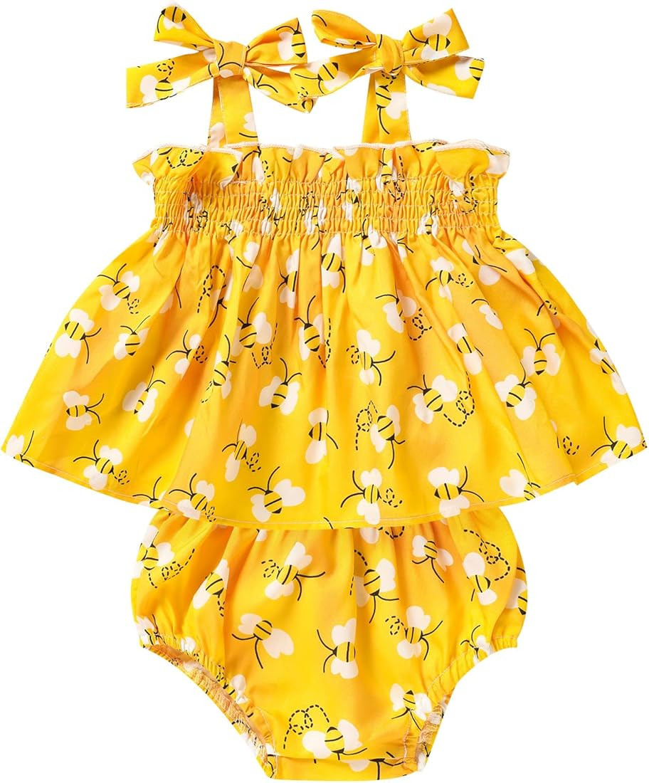 GRNSHTS Baby Girl Summer Shorts Set Strawberry Print Sling Ruffle Shirt Diaper Shorts 2Pcs Outfit... | Amazon (US)