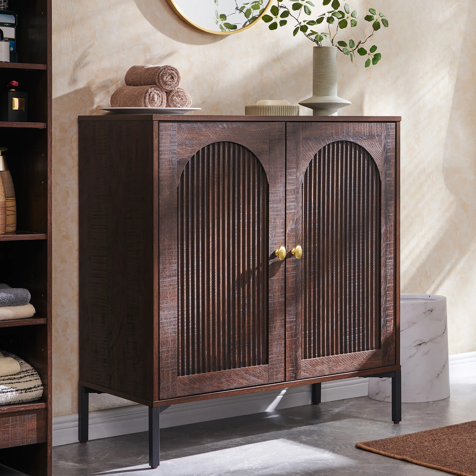 Modern Bathroom Cabinet with Storage, 34" Tall Fluted Arched Wooden Bathroom Storage Cabinet w/Ad... | Wayfair North America