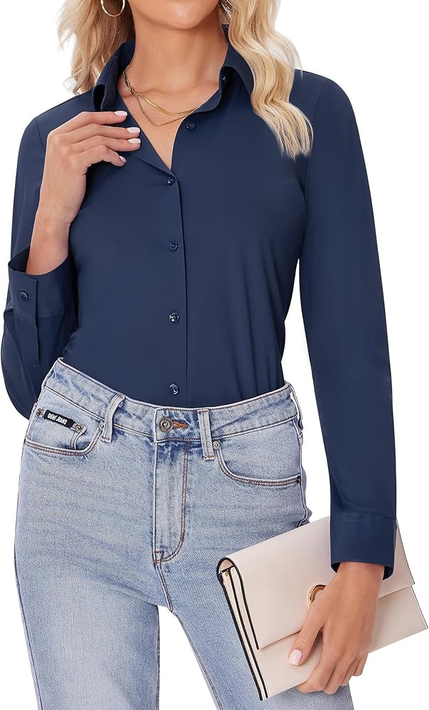 siliteelon Button Down Shirts for Women Slim fit Long Sleeve Stretch Dress Shirts Work Shirt Wrin... | Amazon (US)