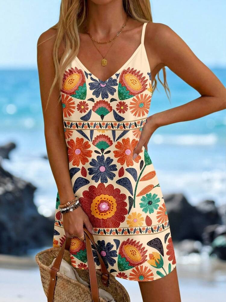 Women Casual Print Mini Dress, Suitable For Autumn And Winter,Summer Dresses,Summer Dresses For Women Suitable For Going Out Chic Dress,Vacation | SHEIN