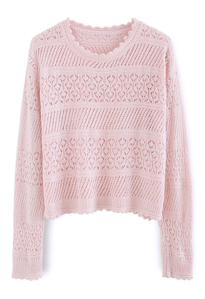 Scalloped Edge Hollow Out Knit Top in Pink | Chicwish