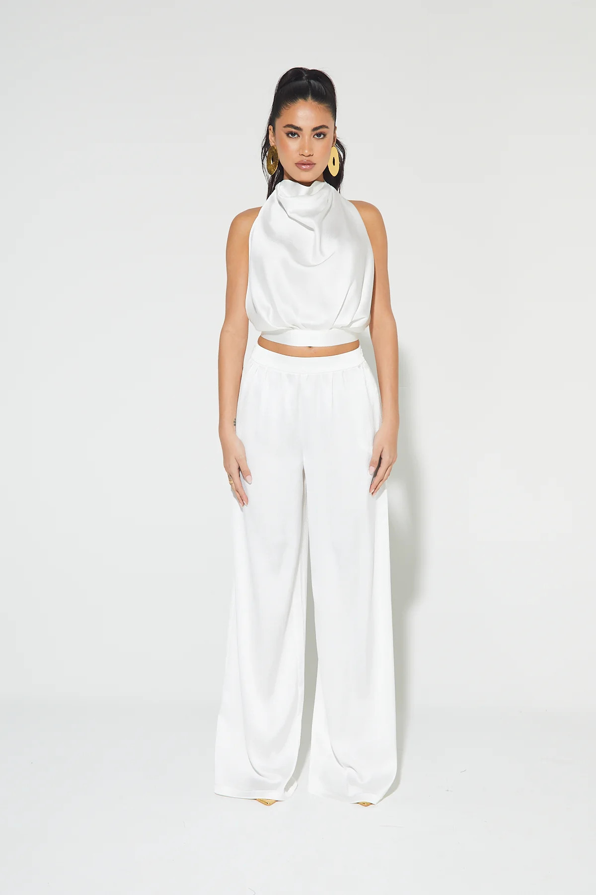 SAFIYA White Satin Halter Top & Pant Co-Ord | Noughts and Kisses