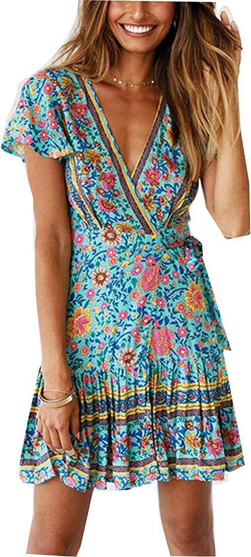 TEMOFON Women's Dresses Summer Wrap Bohemian Floral Printed Ruffle Hem Short Sleeve V-Neck Beach Min | Amazon (US)