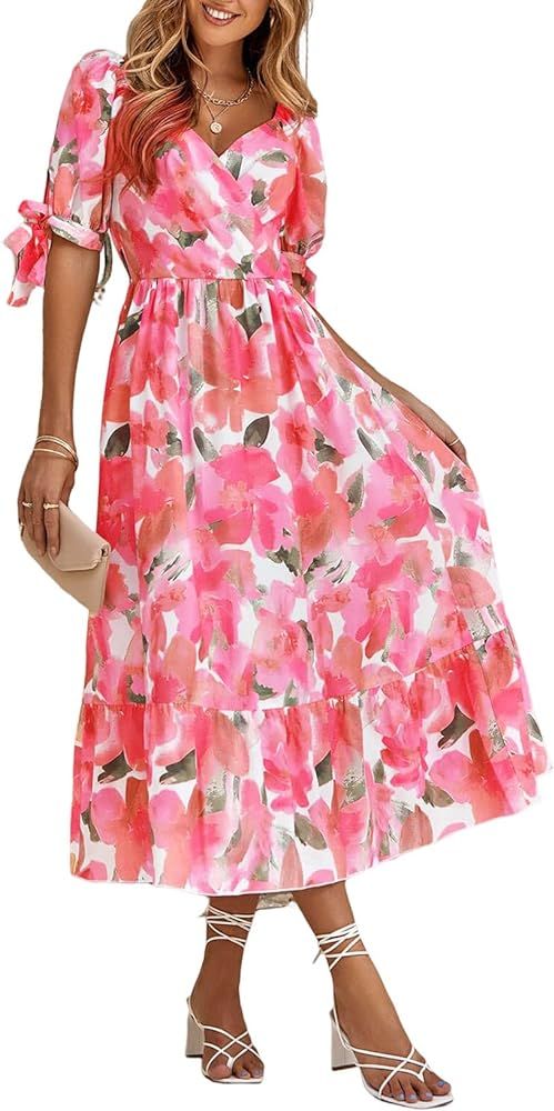 BLENCOT Womens Casual Summer Tie Short Sleeve V Neck Floral Pattern Ruffle Elastic Waist Maxi Dre... | Amazon (US)