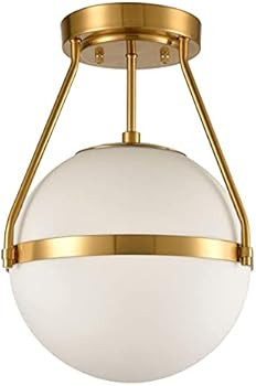 Mid Century Modern Globe Semi Flush Mount Ceiling Light Fixture,White Opal with Brass Finish,Living/ | Amazon (US)