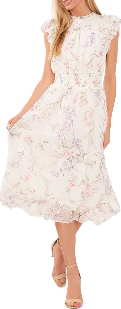 Floral Clip Dot Smocked Ruffle Midi Dress | Nordstrom