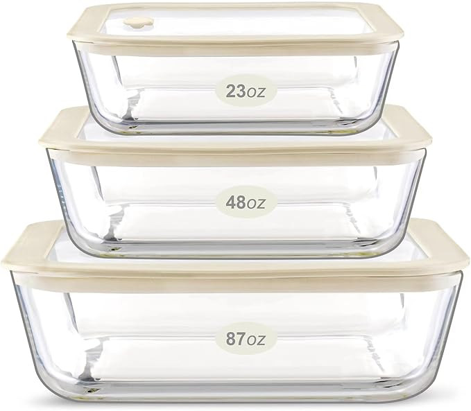 Glass Food Container Set with Silicone Glass Lid, 3 Pack, Airtight, LeakProof, 100% Plastic Free,... | Amazon (US)