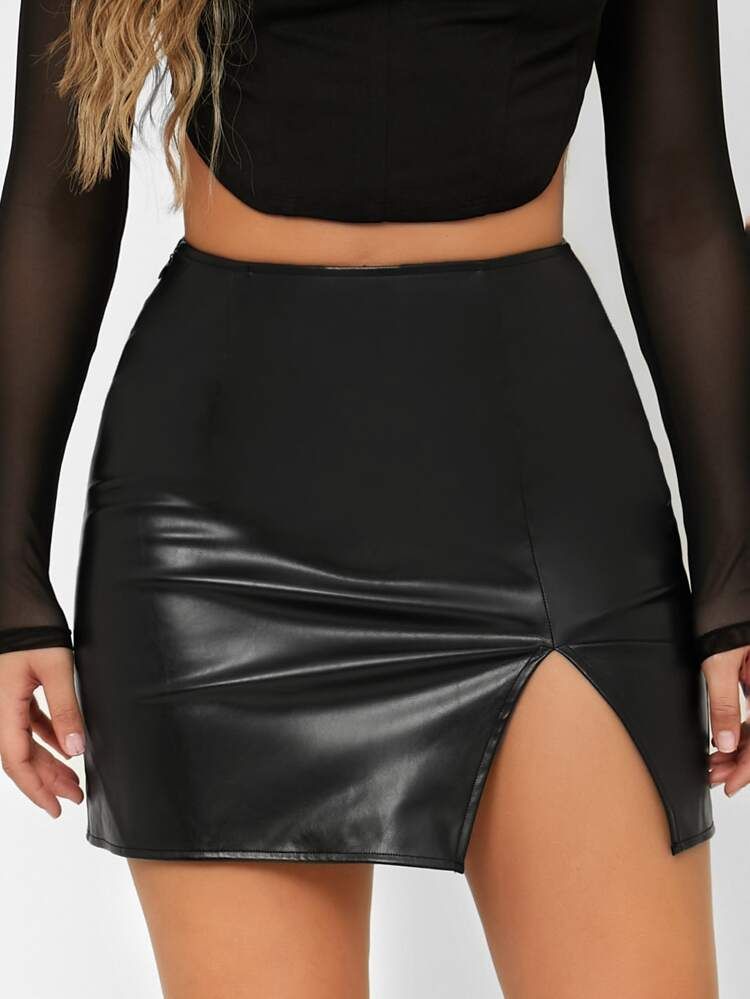 SHEIN ICON Split Thigh PU Leather Skirt | SHEIN