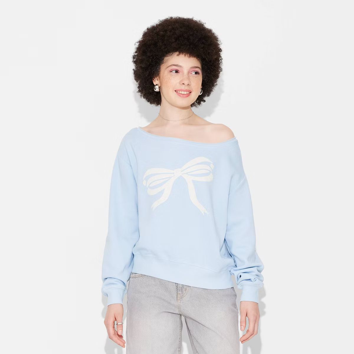 Women's Off the Shoulder Bow Graphic Sweatshirt - Light Blue | Target