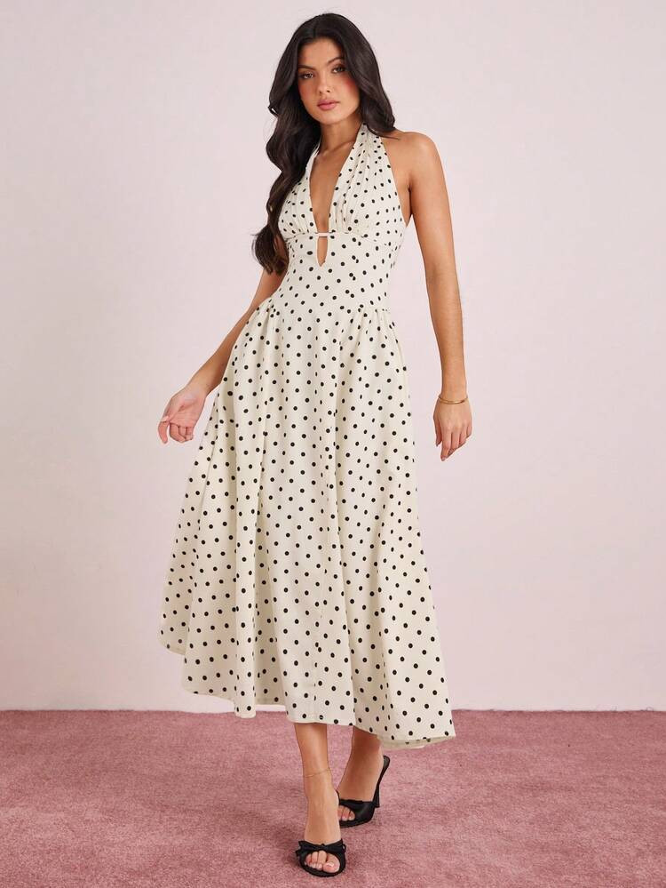 Enchnt Spring/Summer Romantic Women's Apricot Polka Dot Print Plunging Neck Backless Princess Long Dress,Sweet&Elegant For Vacation&Date&Holiday&Going Out&Valentine's Day,Spring Outfit Women | SHEIN