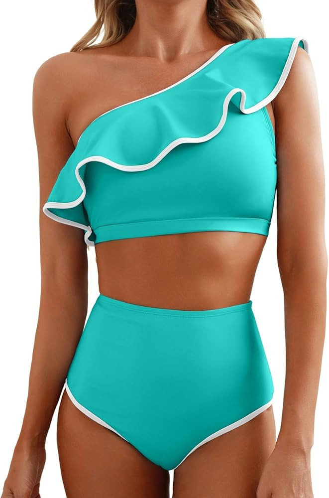Herseas Women's One Shoulder Bikini Sets Color Block Trim Ruffle Hem Swimsuits Elegant Bathing Su... | Amazon (US)