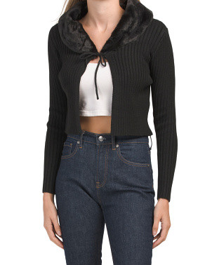 Long Sleeve Faux Fur Collar Crop Cardigan With Tie Front Detail | Juniors | Marshalls | Marshalls