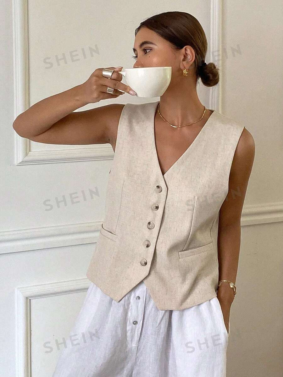 DAZY Women Solid Color V-Neck Sleeveless Suit Jacket | SHEIN