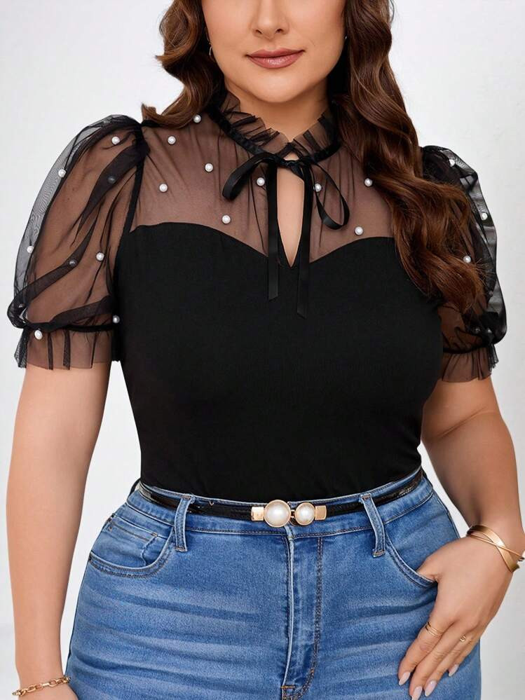 SHEIN Clasi Plus Size Women's Summer Mesh Contrast Tie Neck Puff Sleeve T-Shirt | SHEIN