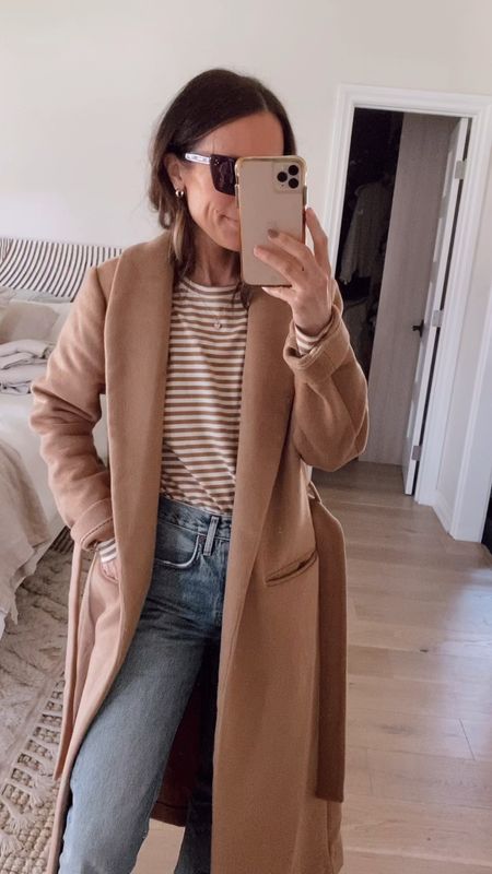 Today’s outfit from January’s capsule wardrobe 
Camel coat 
Striped tee 
90’s jeans 
Shearling mules 15% off with code SHANNONP15

#LTKstyletip