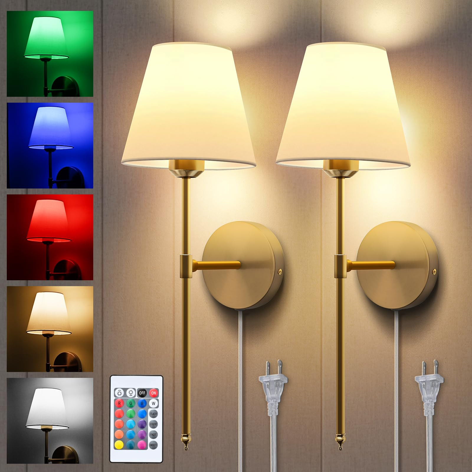 Plug in Wall Sconces Set of Two, Dimmable Wall Sconces White Fabric Shade with Remote Control,Wal... | Amazon (US)