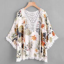 Tropical Print Contrast Hollow Out Crochet Trim Kimono | SHEIN