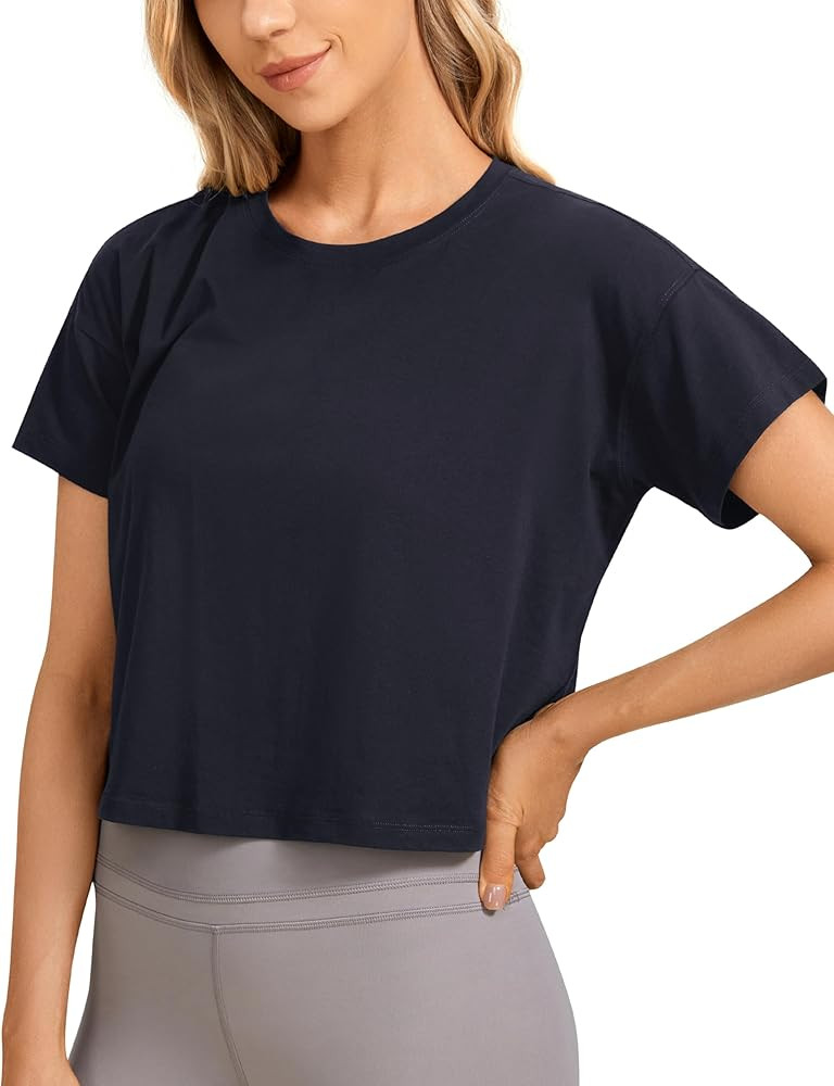 CRZ YOGA Women's Pima Cotton Workout Short Sleeve Shirts Loose Athletic Crop Tops Gym Casual Crop... | Amazon (US)