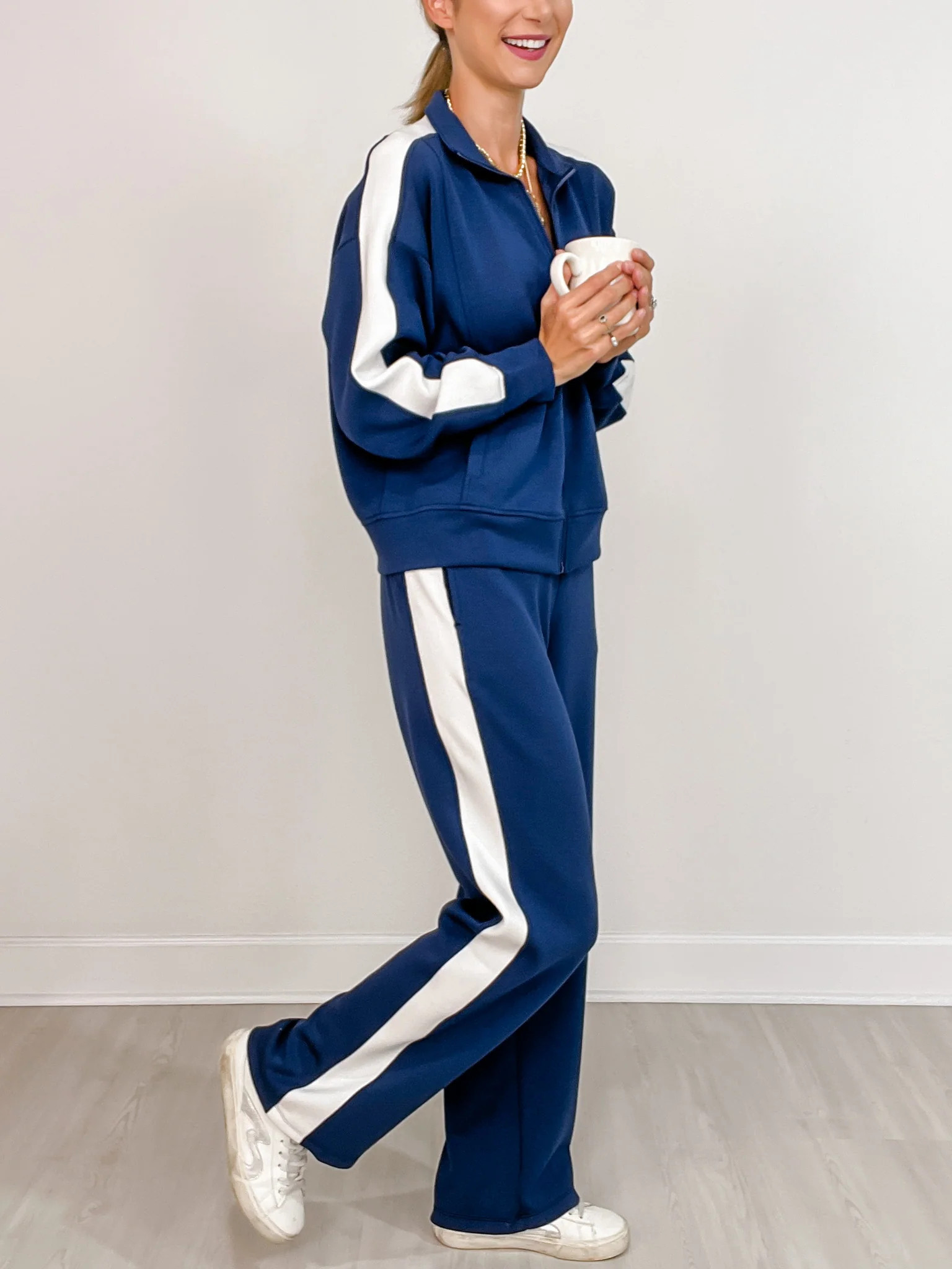 Modal Scuba Striping Zip-Up Jacket with Matching Pants in NAVY/CREAM | Emma Lou's Boutique