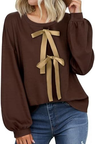 Vivilli Womens Long Sleeve Sweaters Sweatshirt Crewneck Long Sleeve Shirts Bow Tie Front Splicing... | Amazon (US)