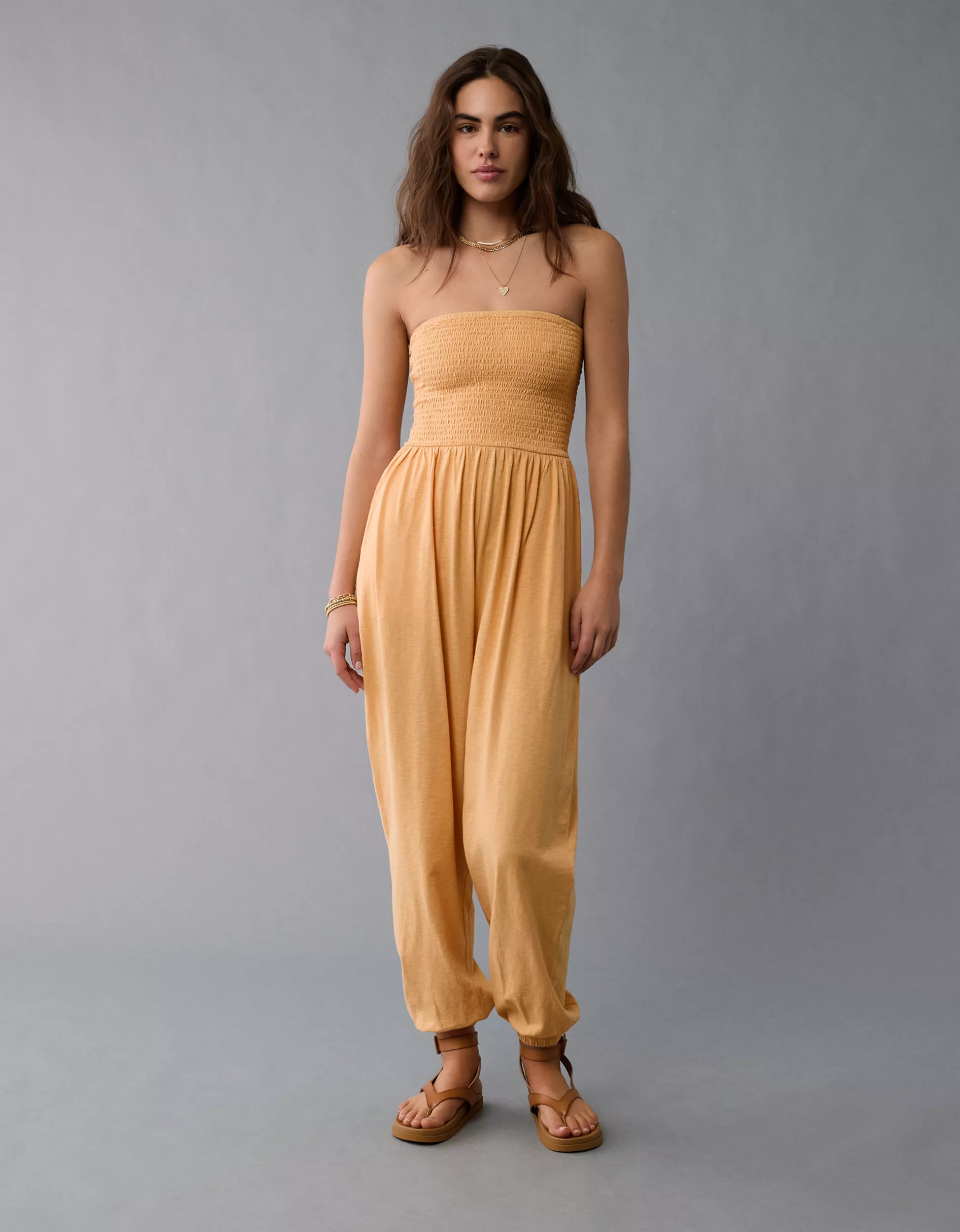 AE Sunchaser Knit Smocked Tube Jumpsuit | American Eagle Outfitters (US & CA)