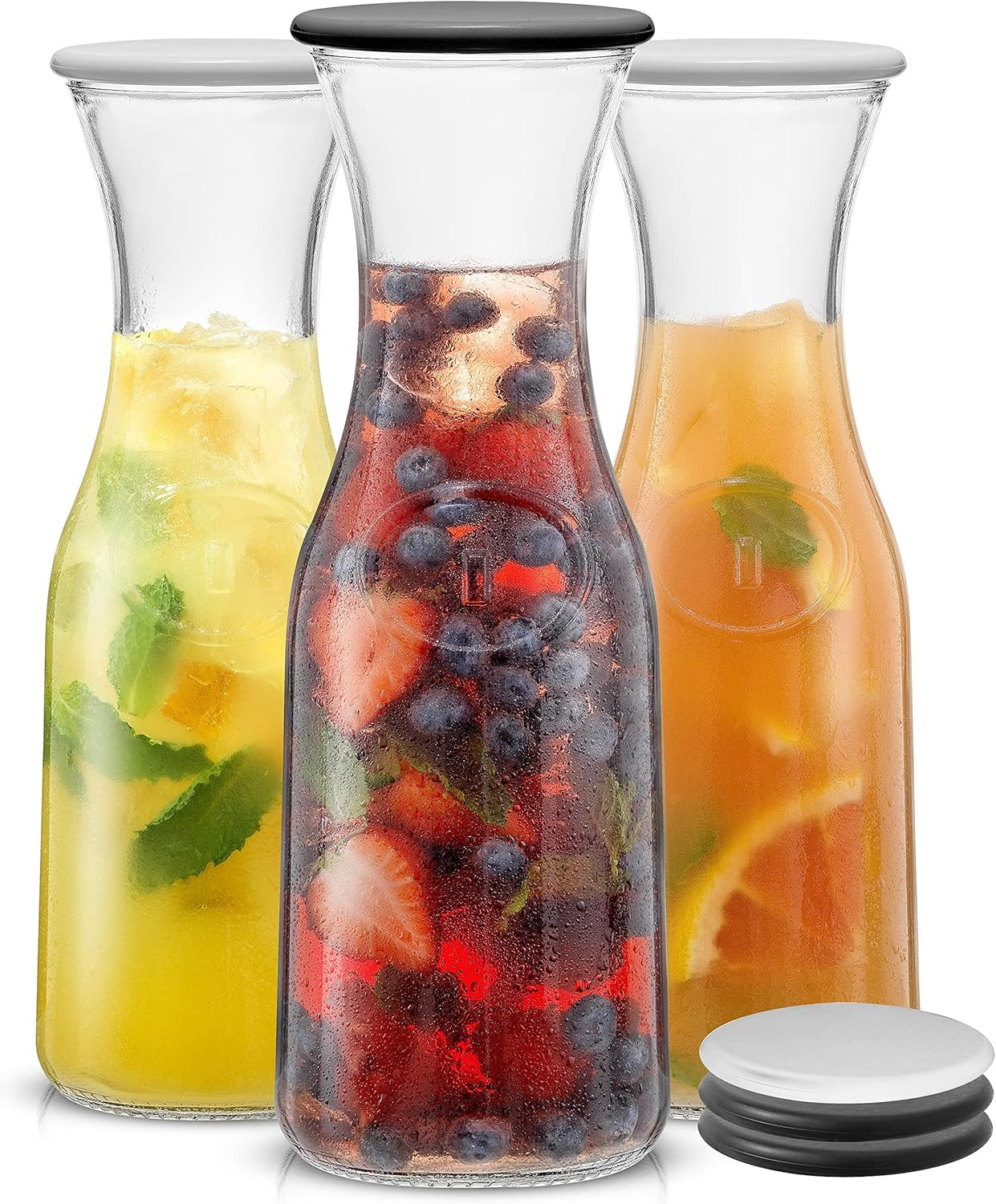 JoyJolt Glass Carafe with Lid, Set of 3 – 1 Liter Glass Pitcher for Mimosa Bar, Water, Iced Tea... | Amazon (US)