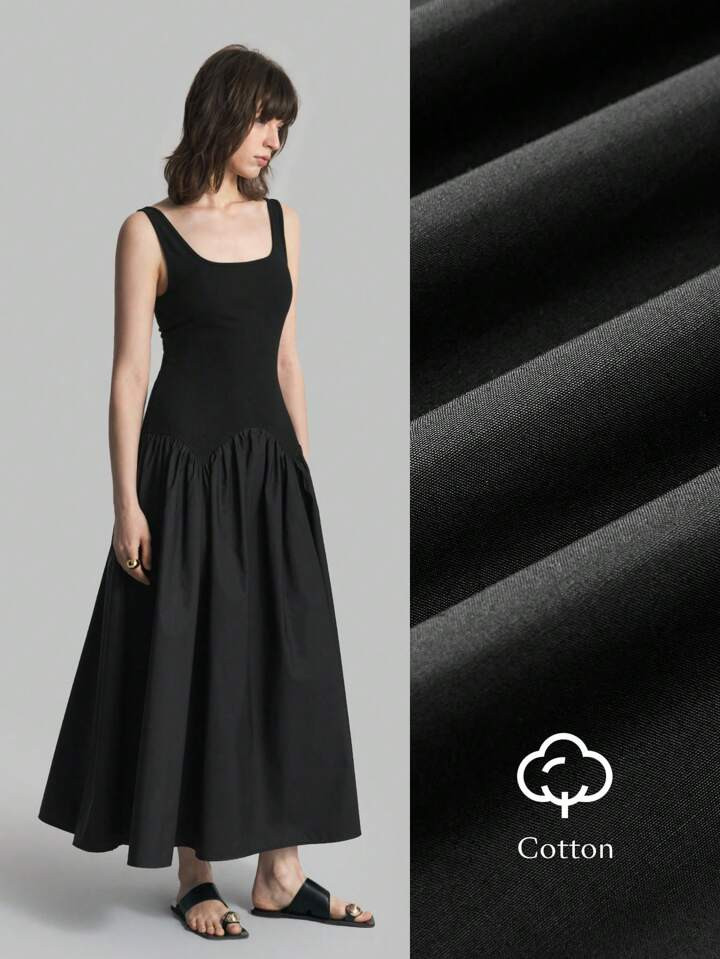 Ontre 2025 New Ladies Black Solid Color Square Collar Sleeveless Long Casual Dress, Elegant Women... | SHEIN