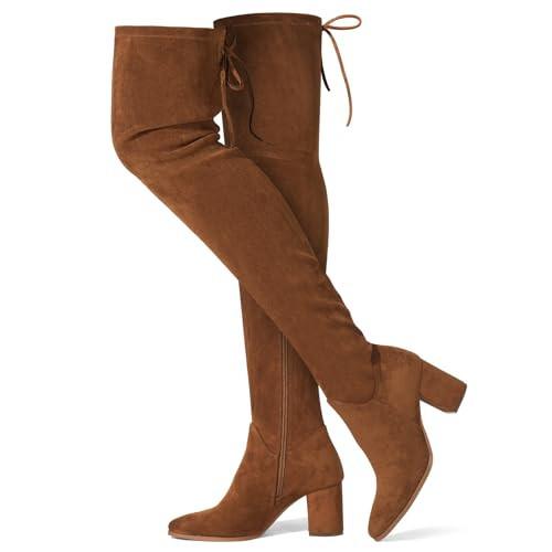 SUEDI Women's Over The Knee Boots Thigh High Boots Block Heel Suede Long Boots Pointed Toe Tall Boots for Women Brown Size 9.5 | Amazon (US)