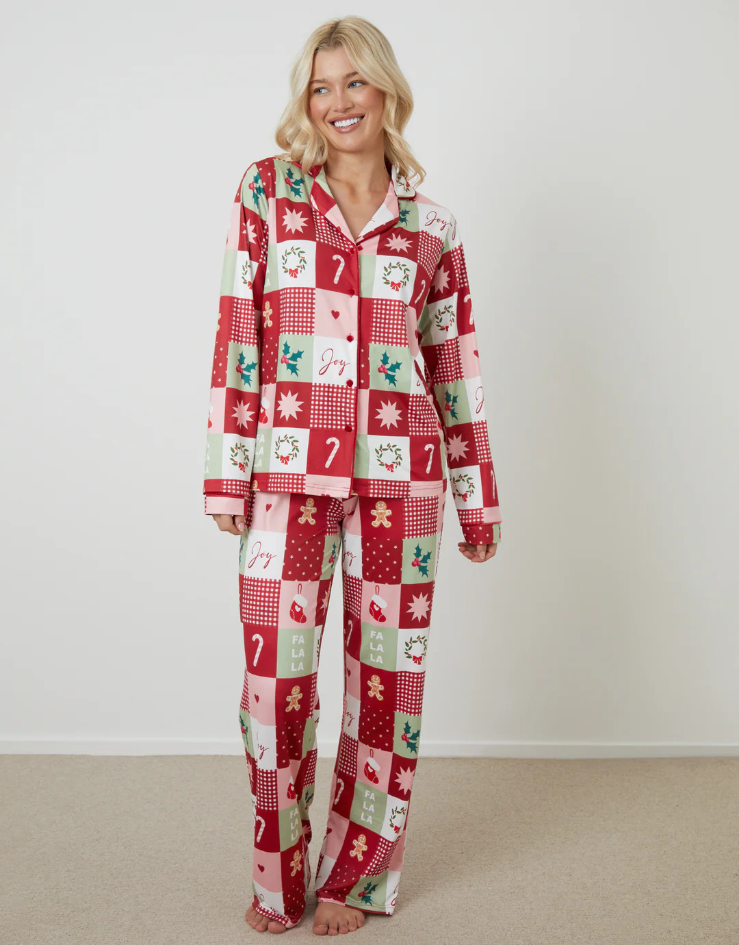 Red Patchwork Print Long Button-Through Christmas Pyjamas (2-Piece Set) | Threadbare