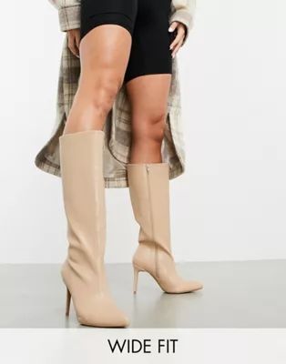 ASOS DESIGN wide fit Claudia knee high boots in beige | ASOS (Global)